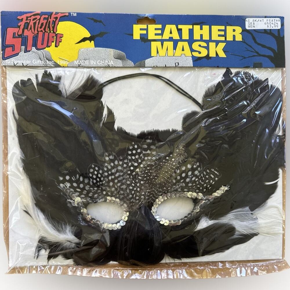 New Vintage 1995 Black Feather Silver Sequin Costume Masquerade Mask